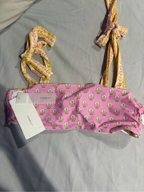 a loves a Pink Floral Bikini Top with Yellow Tie Straps XS NWT